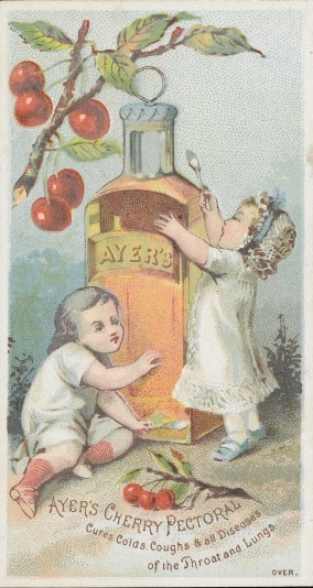 Small children playing with giant bottle of Ayer's Cherry Pectoral