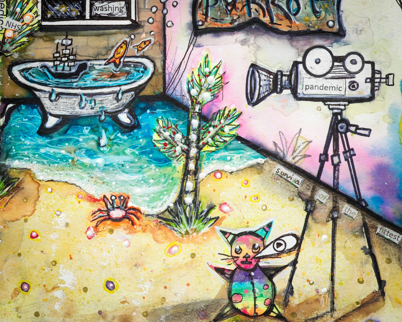 Artwork using watercolour and ink incorporating collaged words throughout the scene. The artwork shows a busy multi-coloured household room. In the background, a bath on which a small galleon sails, overflows with turquois water onto golden sand leading to the foreground where a video camera with the word ‘pandemic’ is mounted on a tripod. Beneath the video camera there is a rainbow coloured cat with a speech bubble and with the letter ‘P’ in it.
