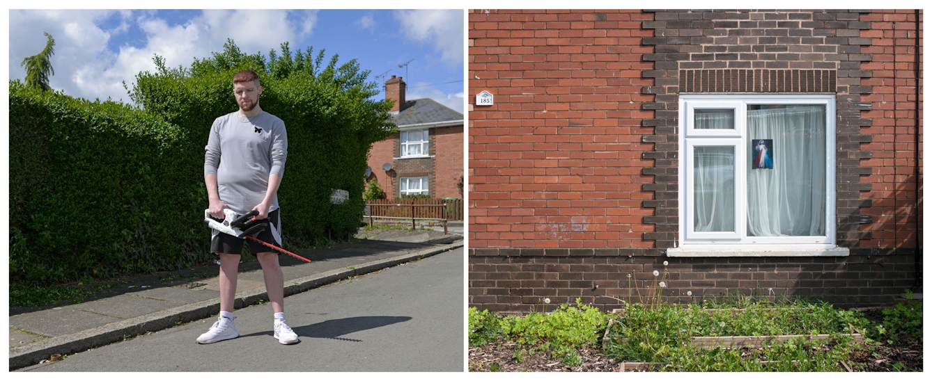 A photographic diptych. The image on the left shows a young man with his hair shaven at the sides and a short trimmed beard. He has an eyebrow piercing, and is wearing white trainers, shorts and a t-shirt. He is standing in a residential road facing the camera holding a hedge trimmer.  Behind him is a tall privet hedge neatly trimmed half way along. The image on the right shows the ground floor of a red brick house with a white PVC window with net curtains. In front of the house are green plants in small raised beds. In the window there is a small painterly picture of Jesus.