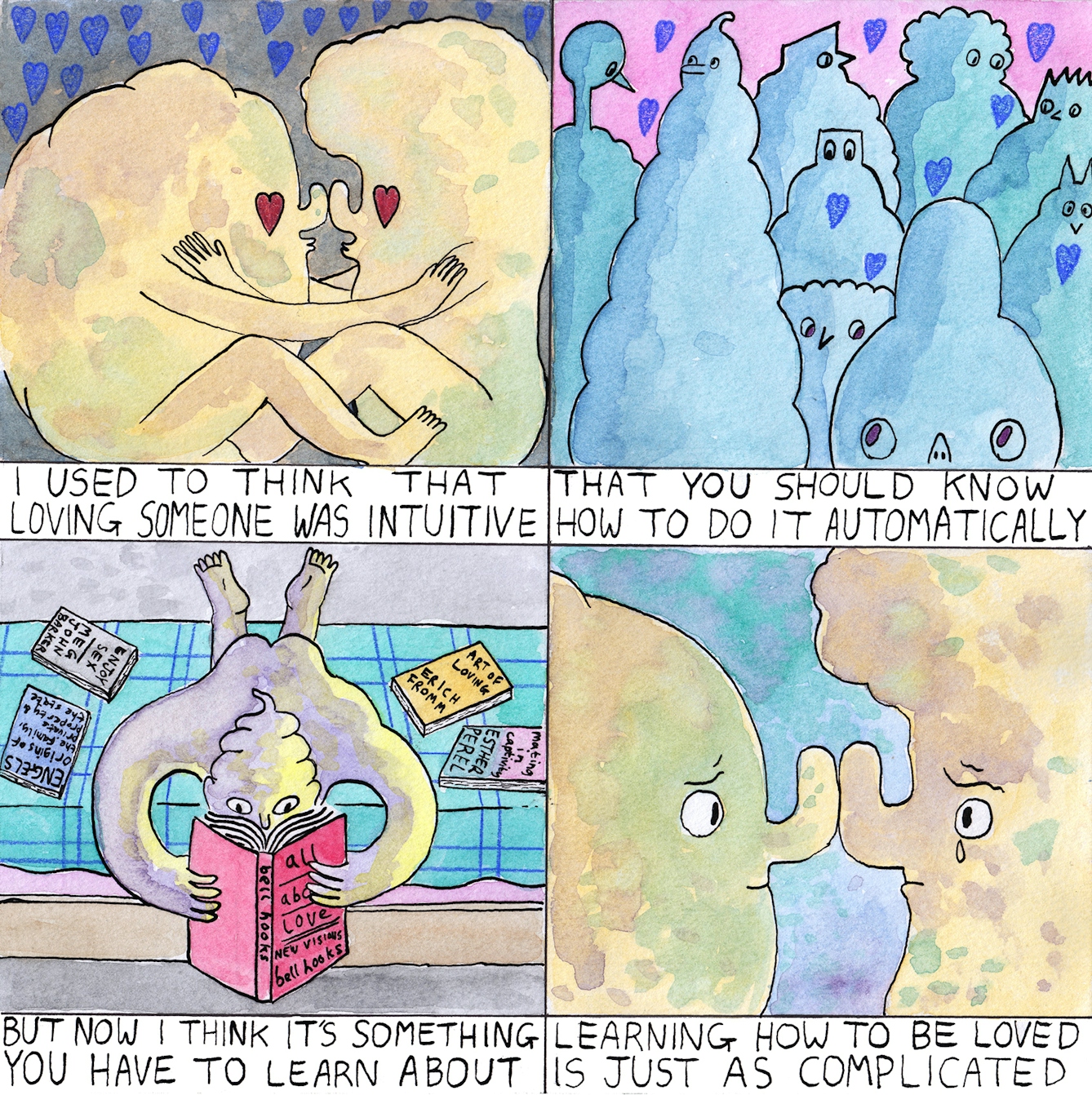 Loving comic by Rob Bidder with four frames. The first frame shows two figures embracing; the second frame depicts a number of figures with love hearts floating above them; the third frame shows a figure in bed reading a book with the title 'all about love' as they are surrounded by other books on love; the final frame has two figures looking emotional with their faces up close as their noses touch.