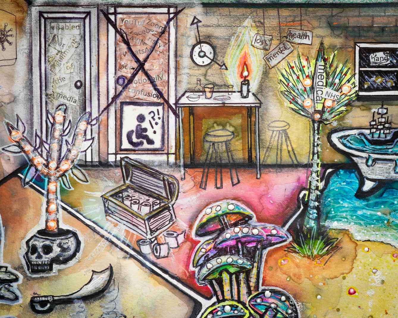 Artwork using watercolour and ink incorporating collaged words throughout the scene. The artwork shows a busy multi-coloured household room. In the background, The image contains elements such as: a treasure chest filled with toilet rolls; a wall clock with oversized hands; a doorway with a large cross drawn through it on which there is a disabled symbol of a wheelchair; and a small rocket with the words ‘medical’ and ‘NHS’ taking off out of a palm tree. In the foreground there is a cluster of colourful mushrooms, and to the side of that a cutlass lying on the floor, as well as a small colourful tree growing out of a skull.