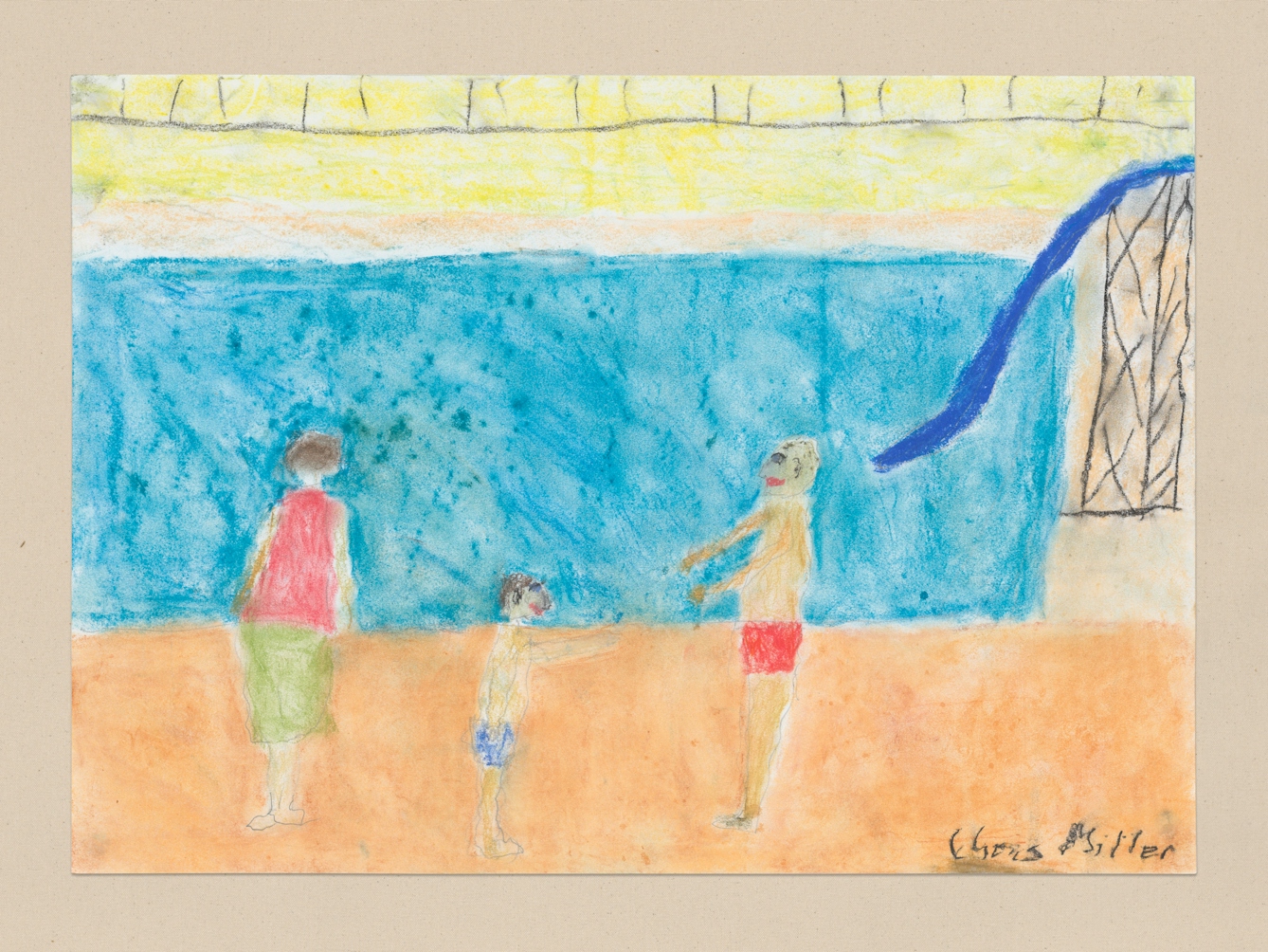 Pencil and crayon on paper artwork by Chris Miller titled ‘What do you think of the slide’. In the artwork is a swimming pool scene with a large blue slide.  Three figures are present in the foreground set against an orange floor. The figures appear to be a woman with her back to the viewer, a small child in swimming trunks facing right, towards a man in red swimming trunks who is facing left.