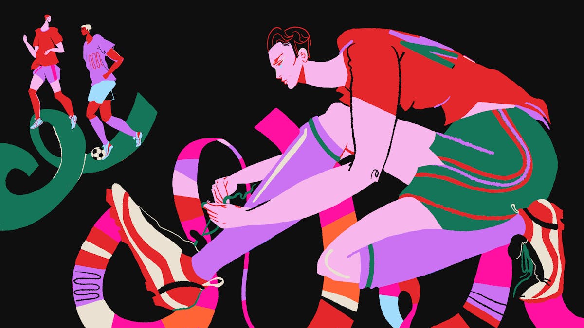 A colourful illustration of Lara in their football kit, bent down, tying up their laces. Lara is on their own. Lara has short, dark hair, purple football socks and a red and green football kit. Two players in the background in different colours kick a ball between themselves.