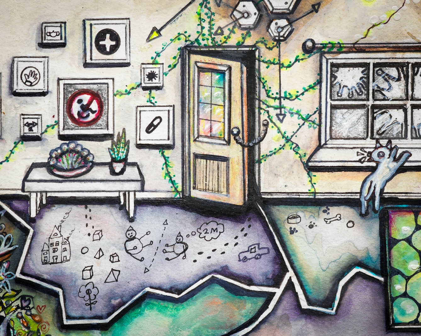 Artwork using watercolour and ink incorporating some collaged words. The artwork shows a busy multi-coloured living room scene separated by jagged white lines drawn across the floor like cracks.  Along the back wall are various pictures containing images such as: a no access sign with a wheelchair within it, a first aid symbol, a corona virus, and a capital ‘R’. A security chain is holding a front door ajar from which plants creep into the room and across the walls. Outside a window, the corona virus can be seen like giant snowflakes.