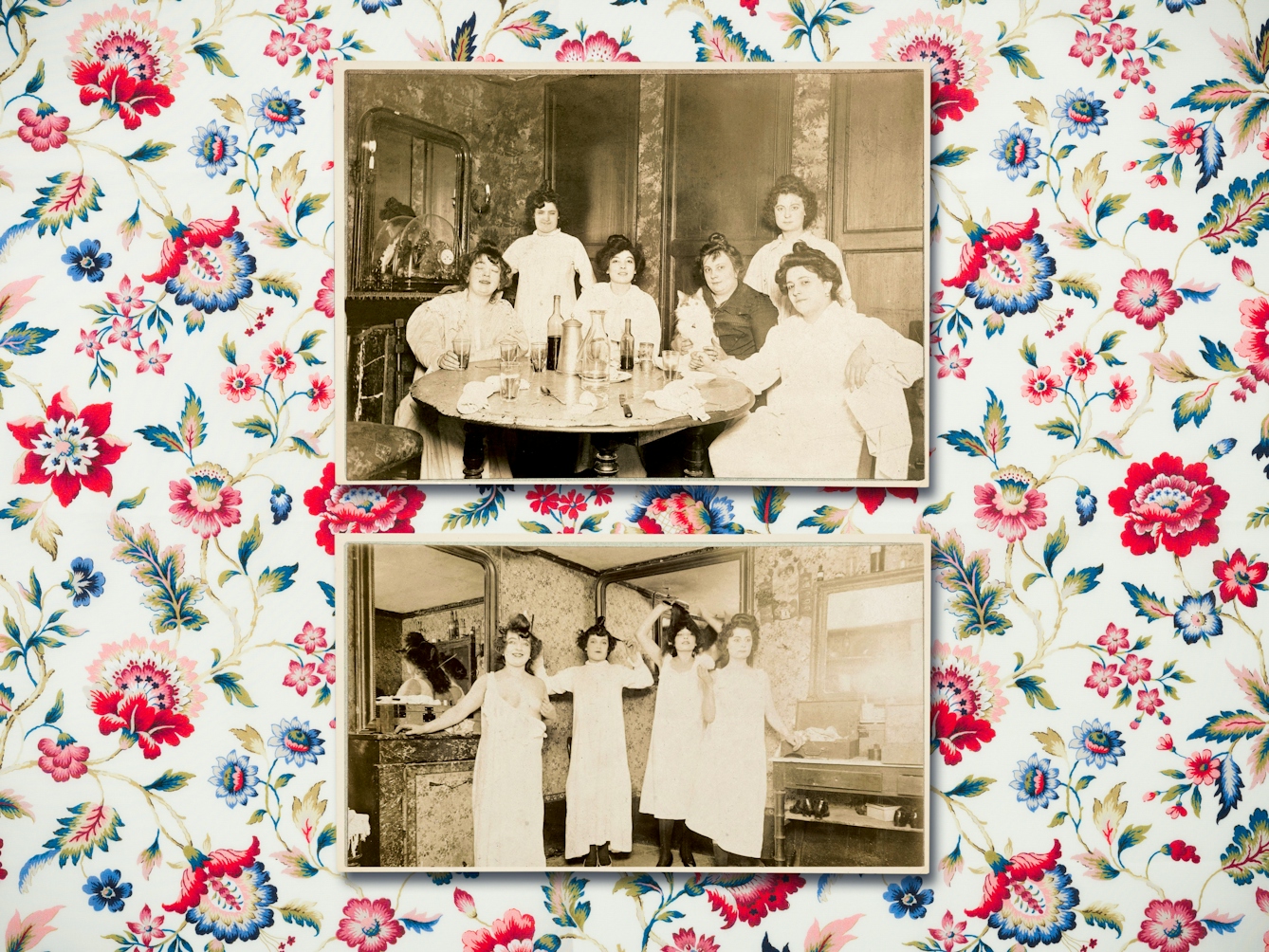 Digital composite image showing an early 20th century Parisienne colourful floral fabric background. Resting on top of the background are two 20th century sepia toned photographs showing groups of women posing within the setting of a Parisienne brothel. They are all looking to camera. In the image on the top the women are seated, relaxing behind a table which is covered in glasses and bottles of drink. One has a cat on her lap. In the image on the bottom the women are standing in the process of doing their hair and make-up. One woman has lowered her clothes to reveal her breasts.