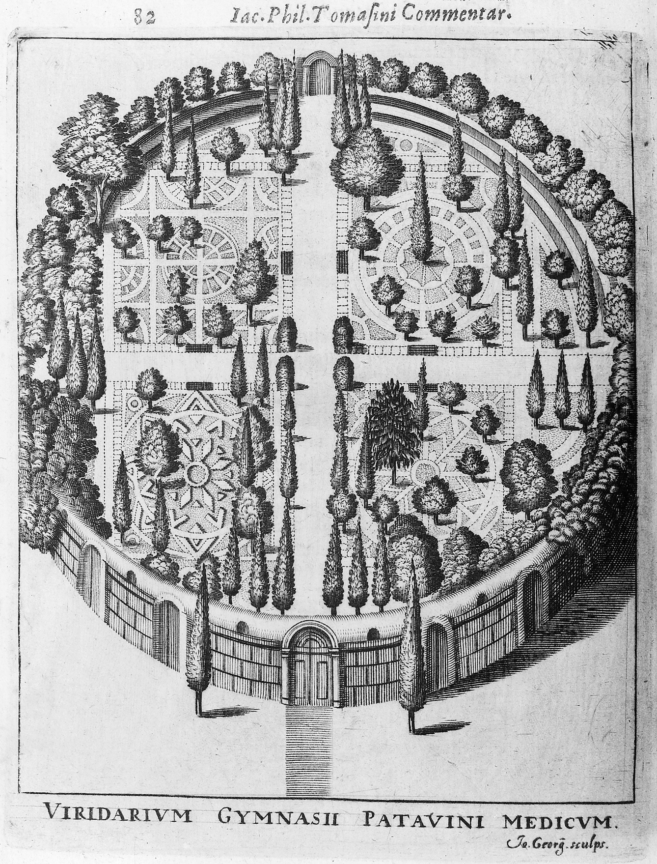 Black and white illustration showing the circular layout of a formal-looking garden, surrounded by walls, trees and shrubs.