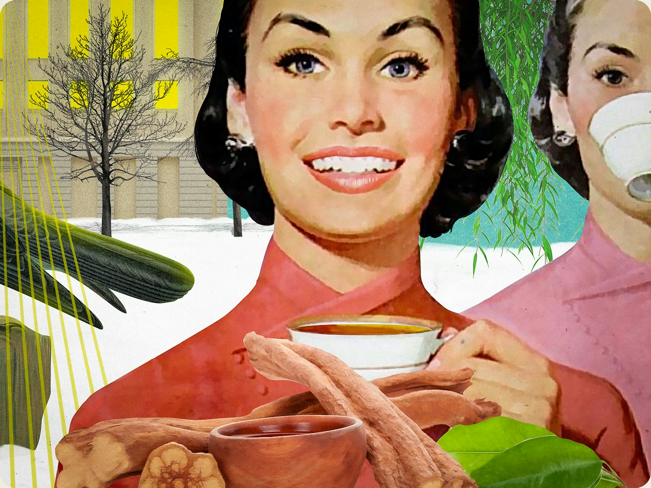 Detail from a larger mixed media digital artwork combining found imagery from vintage magazines and books with painted and textured elements. The overall hues are greens, yellows and pinks. At the centre of the artwork is a woman with short black hair wearing a red/pink Kimono. She is pictured from the shoulders up. In her left raised hand is a white china teacup. She is smiling broadly, looking straight at the viewer. In front of her are brown sticks of the ayahuasca plant and several green leaves. Behind the woman in the background to the right is a large tree in full green leaf. To the right, the same woman is repeated several times. In the first duplication she is slightly paler in tone and the teacup is raised to her lips. To the left of the woman in the centre of the image is a snowy scene surrounding a large industrial building. The lights inside the building are bright yellow with fans of laser lights shining out of the windows towards the viewer.