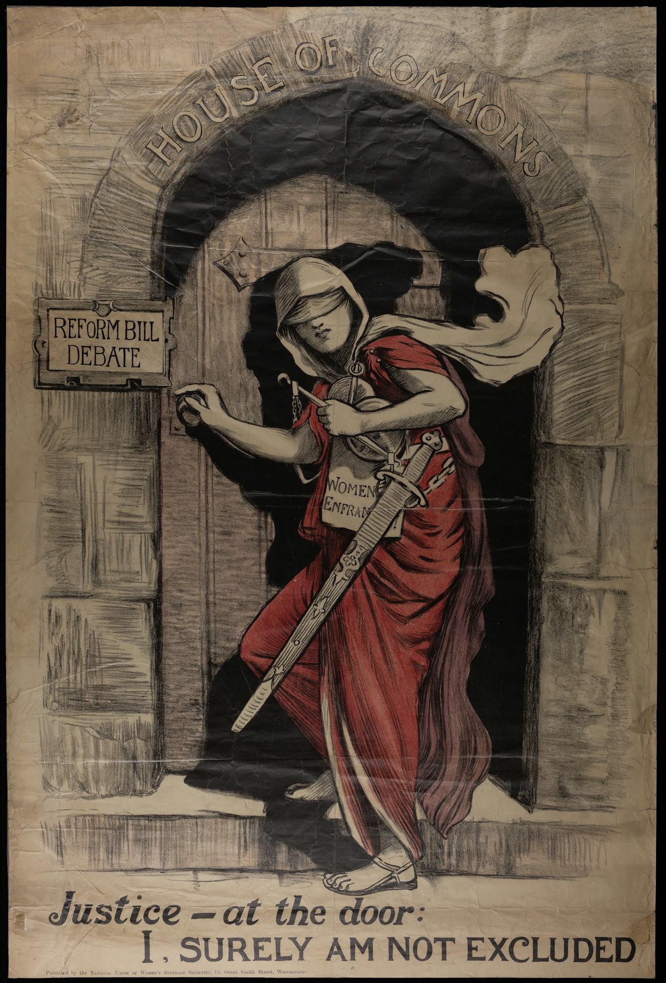 A sketch depicting a Lady Justice in a red robe with a sword by Mary Lowndes