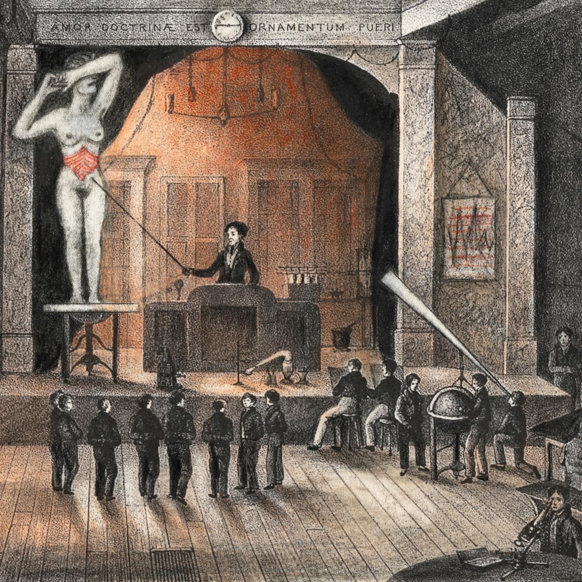 Pencil artwork drawn over a lithograph depicting a large hall with stage.  On the stage is a person standing at a lectern using a stick to point at a large (in scale) unclothed woman standing on a table with her arm covering her face.  The woman belly has been depicted as red.  At the foot of the stage is a crowd of men listening to the presentation.  There are more figures working at various desks around the large hall, including one man using a microscope, another looking through a large telescope, and two others a standing over a large globe.  Above the stage there is a clock that reads the time 14.45, and latin text that reads 'AMOR DOCTRINE EST ORNAMENTUM PUERI'.  The whole scene is black and white with exception of the light being emitted from behind the stage, and the belly of the woman which are shades of orange and red.