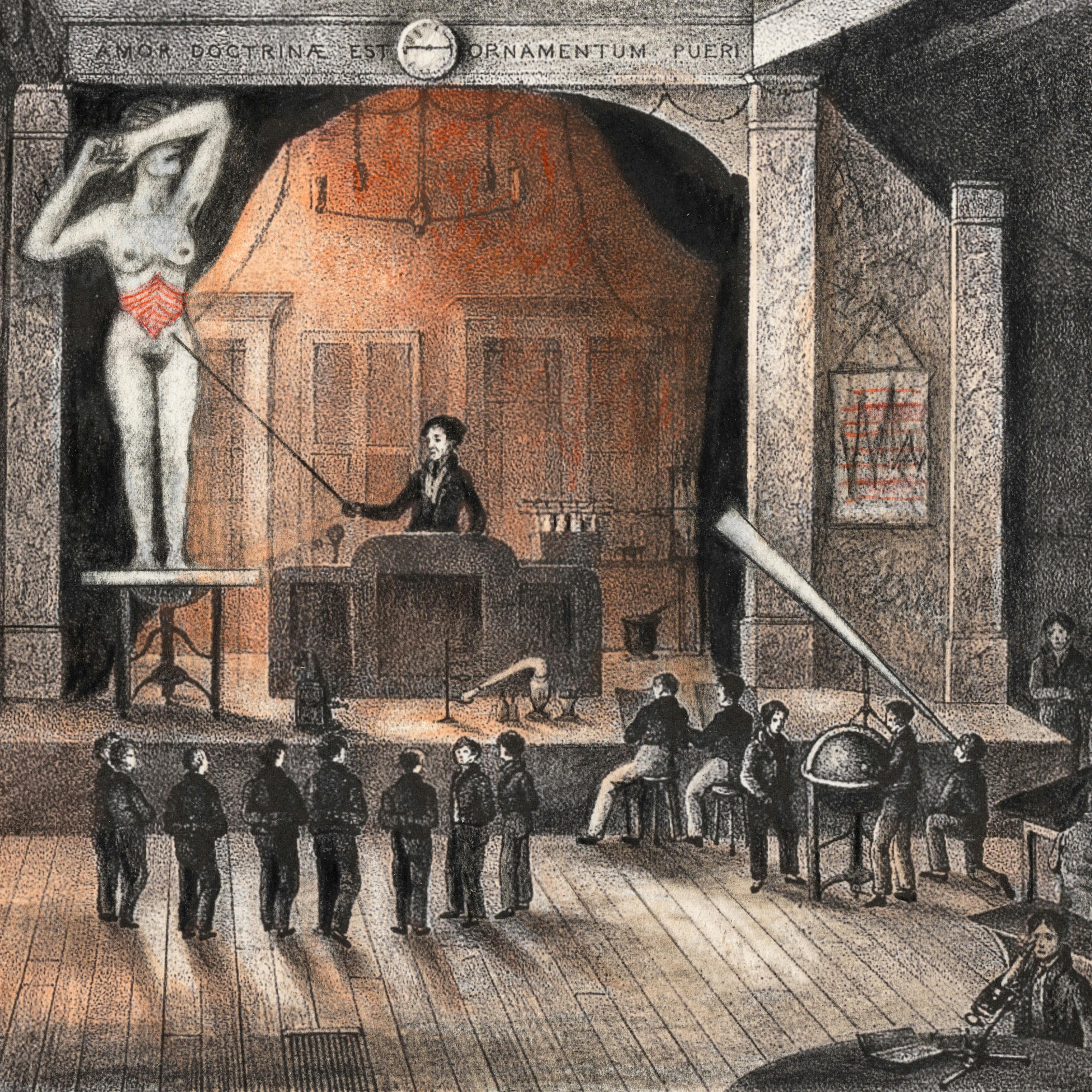 Pencil artwork drawn over a lithograph depicting a large hall with stage. On the stage is a person standing at a lectern using a stick to point at a large (in scale) unclothed woman standing on a table with her arm covering her face. The woman belly has been depicted as red. At the foot of the stage is a crowd of men listening to the presentation. There are more figures working at various desks around the large hall, including one man using a microscope, another looking through a large telescope, and two others a standing over a large globe. Above the stage there is a clock that reads the time 14.45, and latin text that reads 'AMOR DOCTRINE EST ORNAMENTUM PUERI'. The whole scene is black and white with exception of the light being emitted from behind the stage, and the belly of the woman which are shades of orange and red.