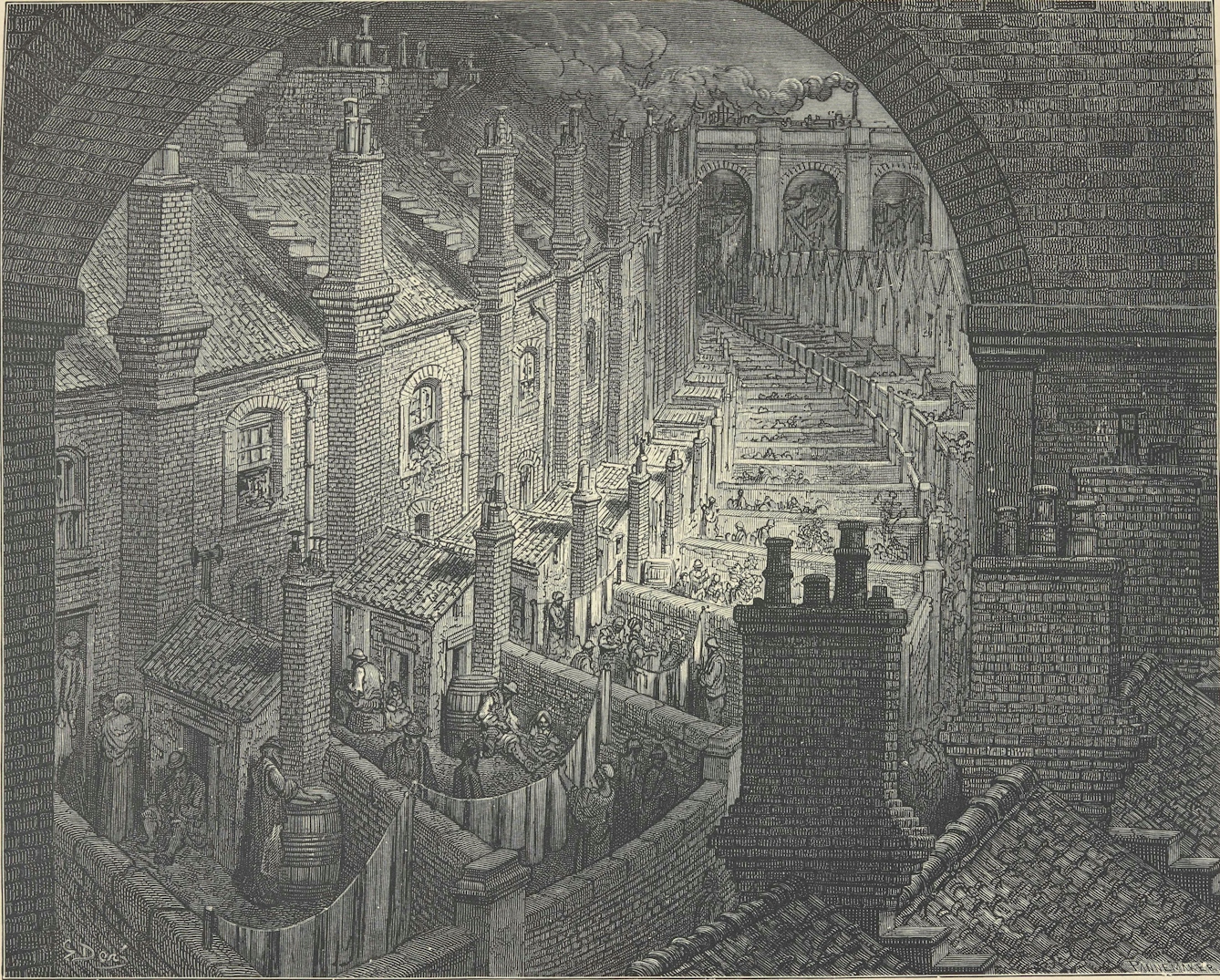 A black-and-white illustration of London gardens from the 1870s from the view of a train passing by
