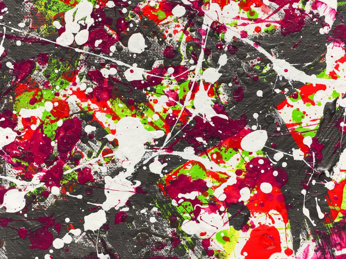 'Power' (2022) is an abstract expressionist acrylic on canvas painting, in landscape orientation. Splatters and strings of neon green, bright red, hot pink, and white rain down a dry textured black. The painting has a grungy, distressed, immediate, loose and chaotic appearance.