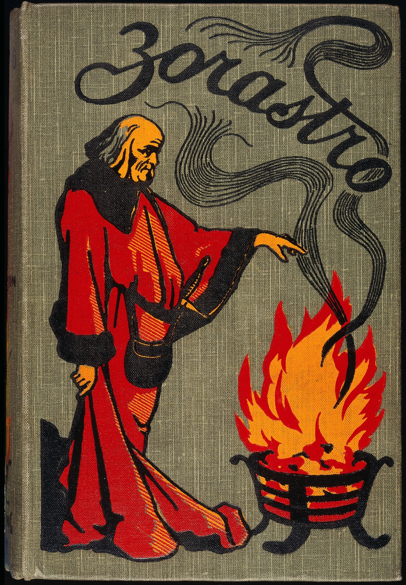 Front cover of a book showing a man in a red cloak beside a cauldron.