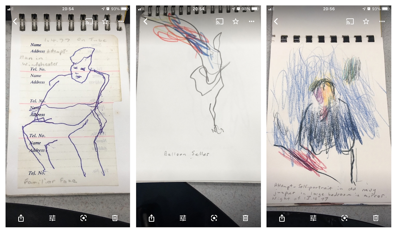 Triptych image showing 3 screen grabs from a smartphone screen. Each one show the view from the phone's camera of a page in a small sketchbook. Each sketch is different but made up of lines and splashes of pencil coloured lines. On each image the graphical icons of the phone operating system can be seen such as the time, battery percentage and navigation buttons. 