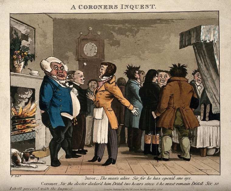 The image shows a room full of angry looking men.  A juror is protesting that the subject of a coroner's inquest is alive; showing the danger of blind faith in doctors. There is the feet of a dead man peeking out the end of the bed in the right of the room and on the other side there is a large blazen fireplace. 