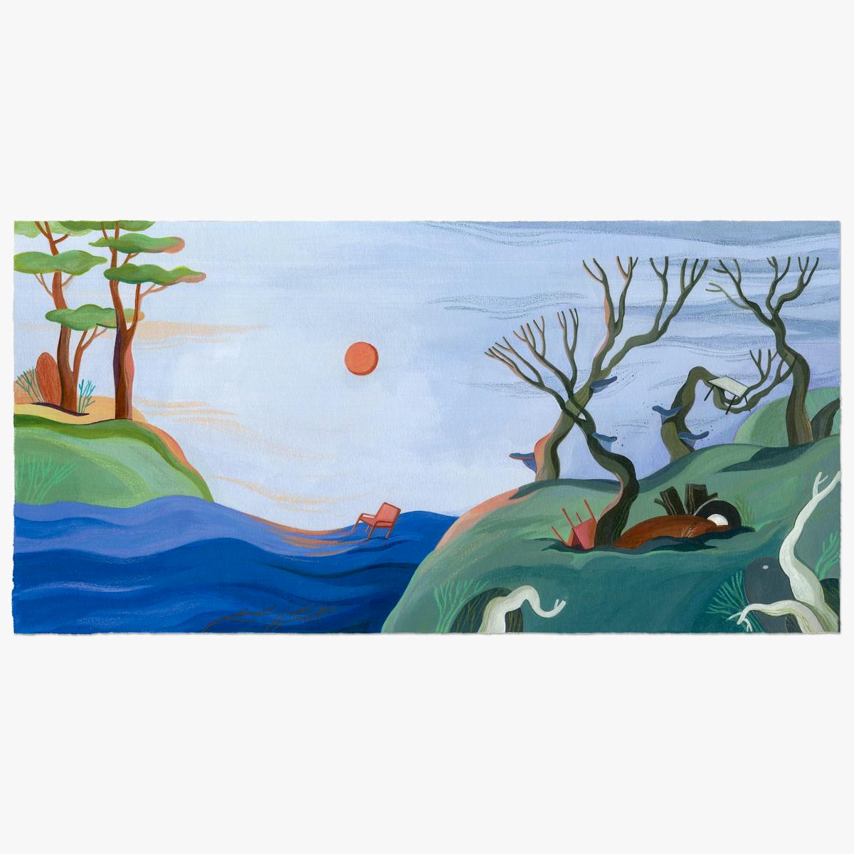 Painted artwork with vivid saturated colours. The scene shows a landscape with a blue river running through the middle of green, tree and grass covered banks. On the distant bank to the left, the trees look healthy and covered in leaves. On the near bank to the right, the trees are leafless and have twisted trunks and branches. This bank is littered with rubbish, mainly abandoned furniture, some of which is lodged in the tree branches. Floating in the middle of the river is a lone red chair, bobbing about beneath a blood red sun in the blue sky.