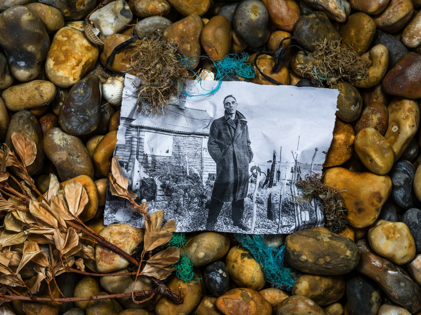 Photograph of a shingle beach made up of pebbles of all different sizes and shapes with a mix of brown and yellow hues. Nestled in the pebbles is a black and white photographic print, soaked in sea water such that it has taken on the shape of the stones beneath. The print show Derek Jarman standing in front of his Dungeness cottage, hands in the pockets of his think woollen coat, mouth in mid speech. Surrounding the print on the stones are sea shells, sprigs of beachfront vegetation and the frayed blue and green nylon threads of fishing nets.