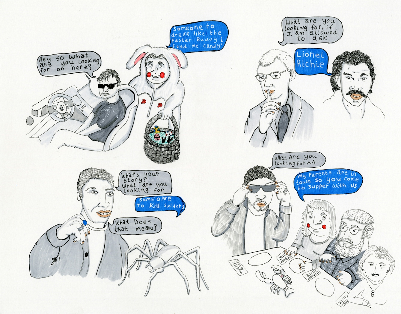Pen and ink sketches of people, with their Tinder comments handwritten inside speech bubbles.