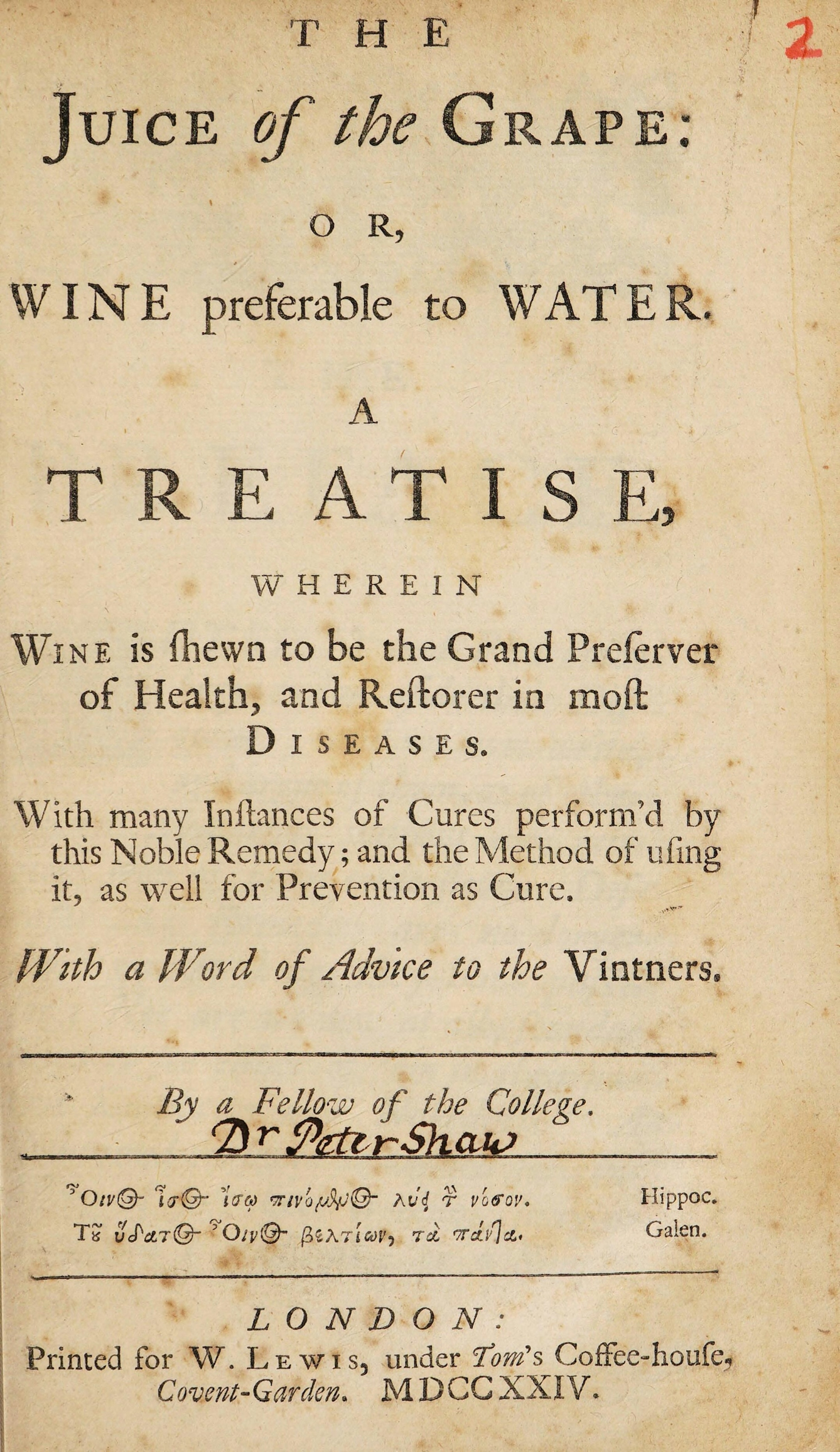 Title page of a book by Peter Shaw entitled 'The Juice of the Grape, or WINE preferable to WATER'.