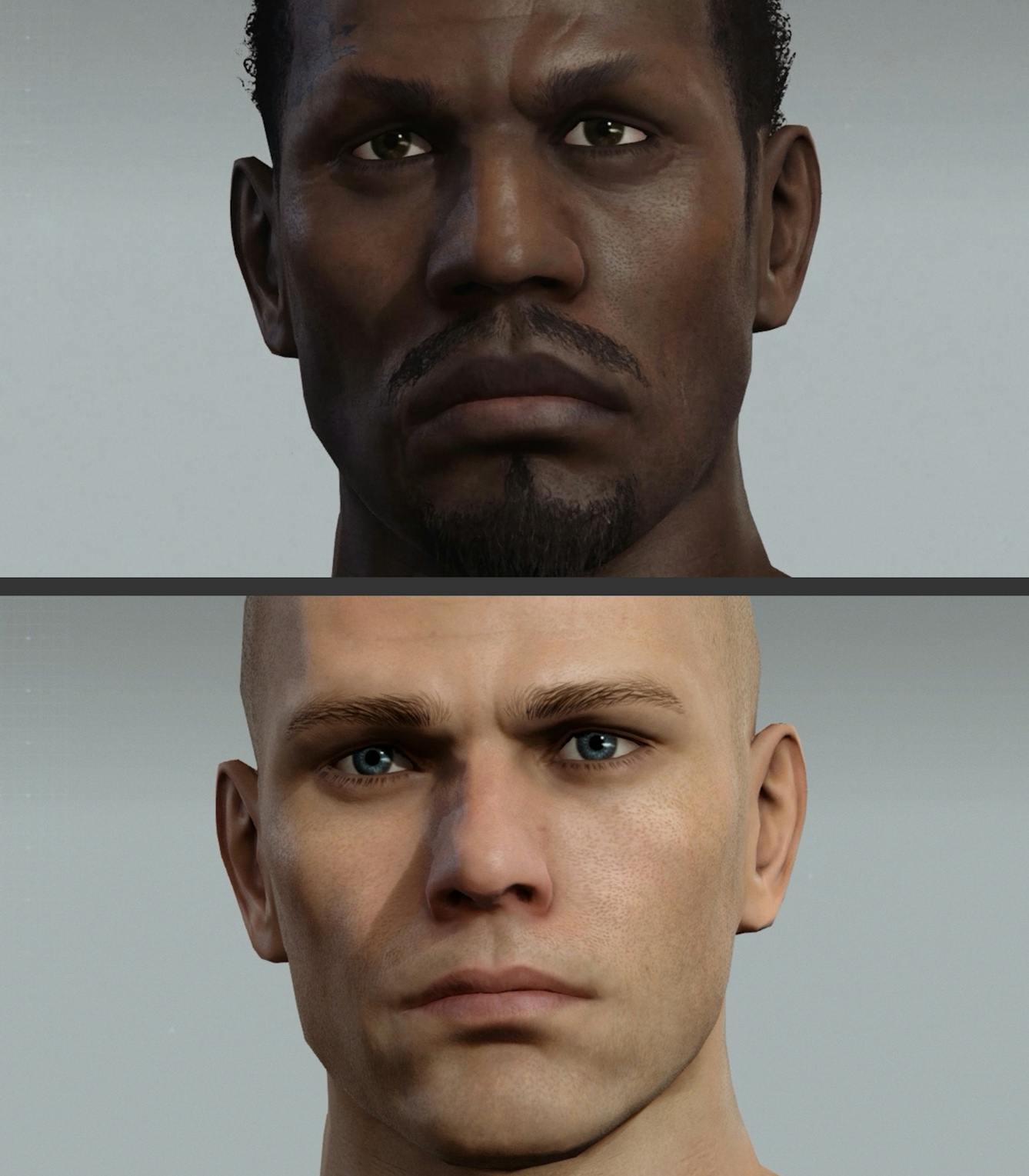 Vertical diptych of two computer generated avatars created as part of video gameplay. The avatar on the top shows a Black man with short hair and facial hair staring to camera. The avatar on the bottom Shows a white man with a shaved head and beard, also looking to camera. Both avatars' heads fill the frame, copped at the mid-forehead and just below the chin. Behind each head is a plain grey background.