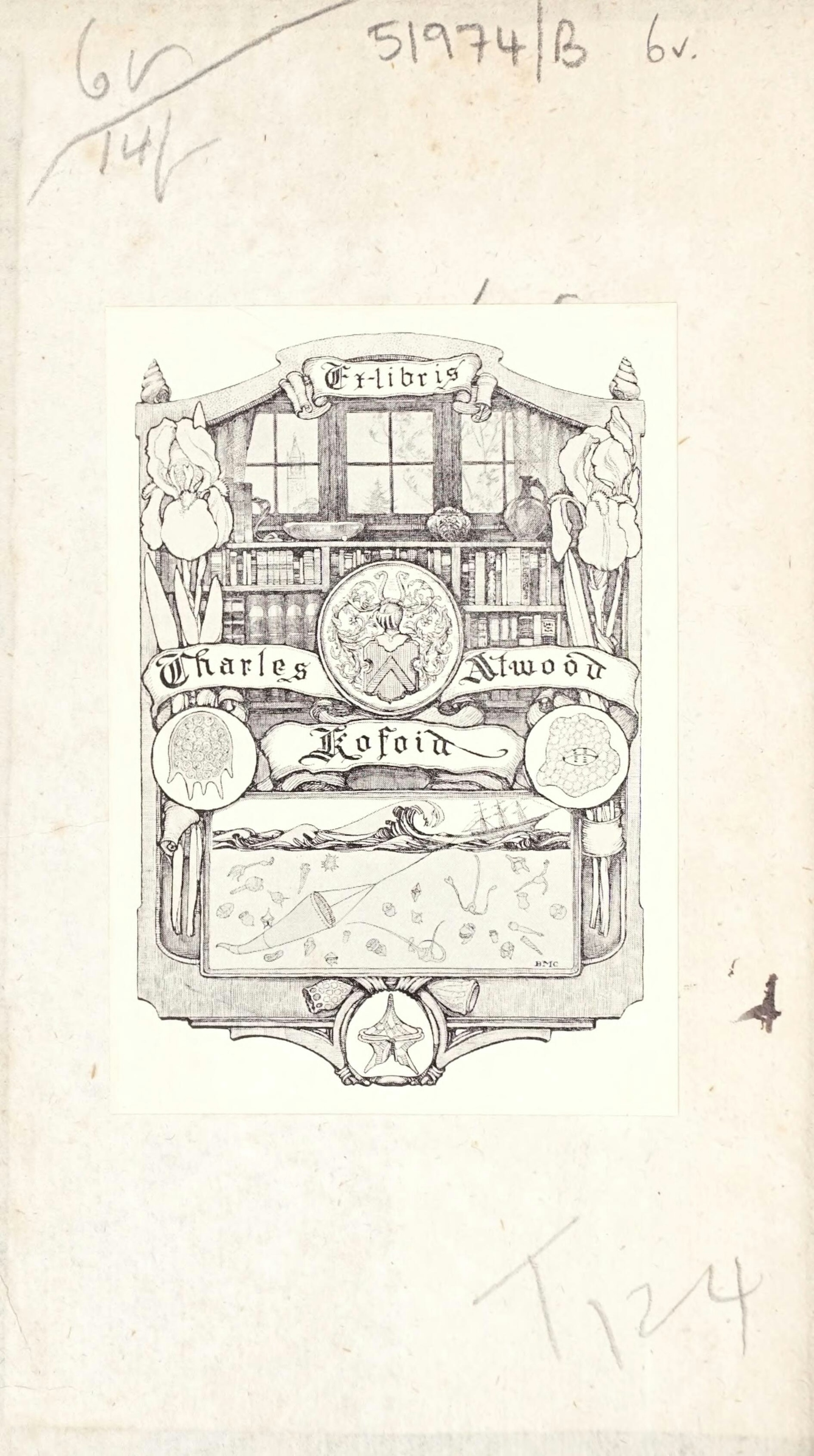 Bookplate in centre of page depicting a bookcase beneath a window. Around and in front of the bookcase are flowers, a coat of arms, plankton protozoa, and a picture of a ship casting a net to catch more plankton protozoa.