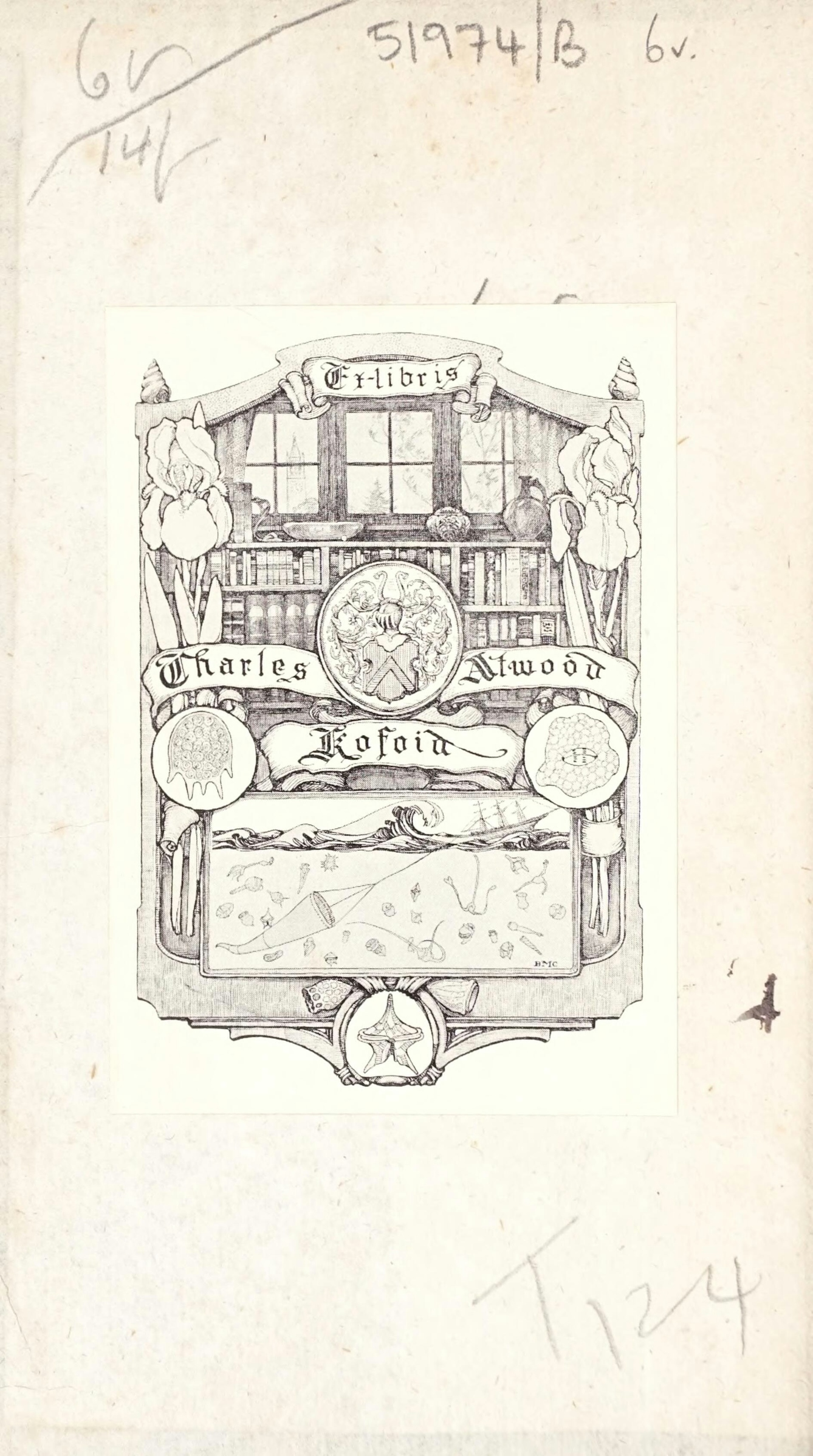 Bookplate in centre of page depicting a bookcase beneath a window.  Around and in front of the bookcase are flowers, a coat of arms, plankton protozoa, and a picture of a ship casting a net to catch more plankton protozoa. 