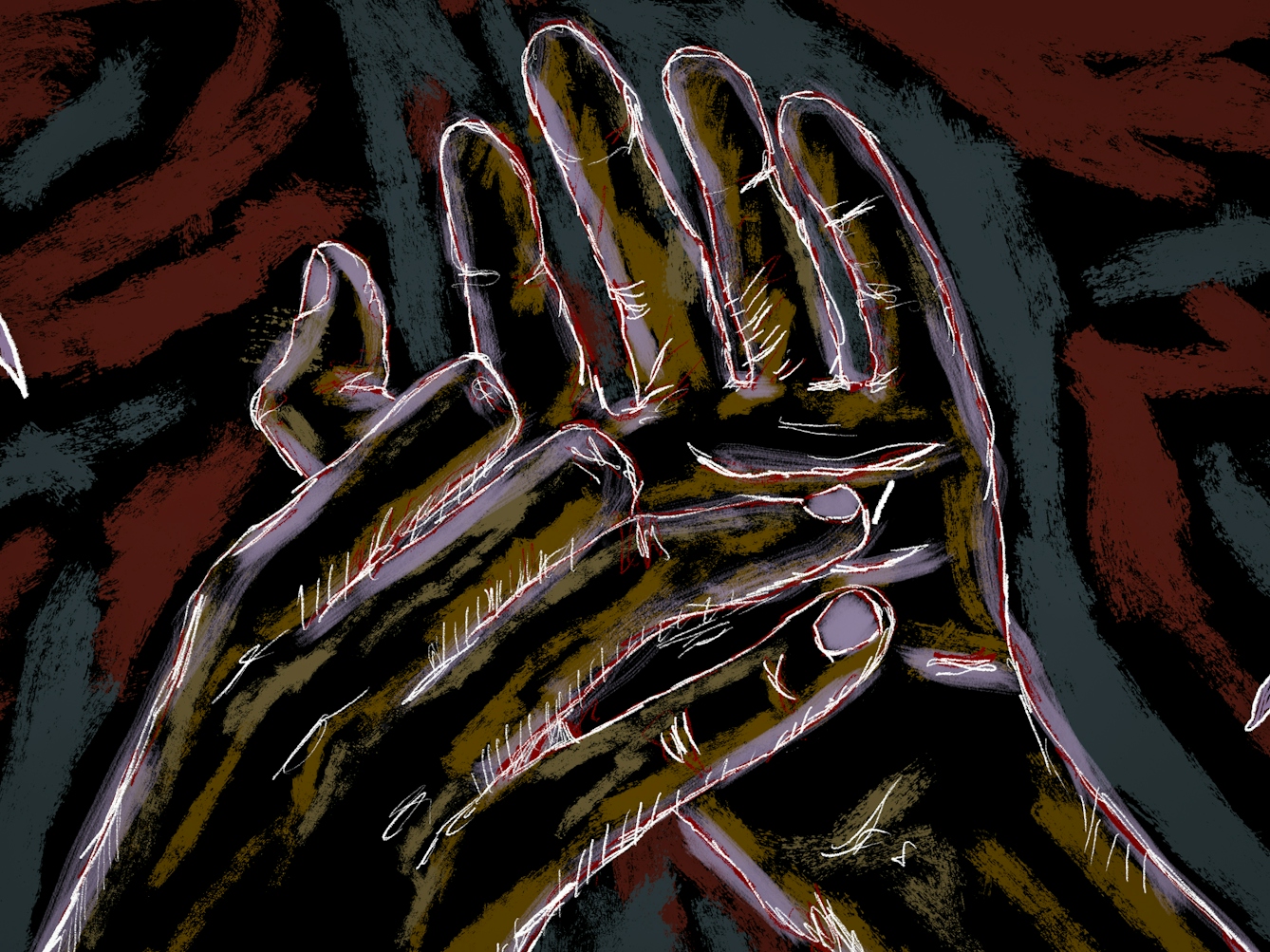 Detail from a larger colour digital artwork showing a figurative study of a pair of hands gracefully suspended in mid air, visible from just above the wrists. The hand on the right is held palm towards us, fingers stretched out. The hand on the left is facing away from us, fingers lightly touching the palm of the other hand. The background is made up of dark textured rough lines of dark red, dark blue greys and blacks, punctuated by white outlined purple leaf-like plants.