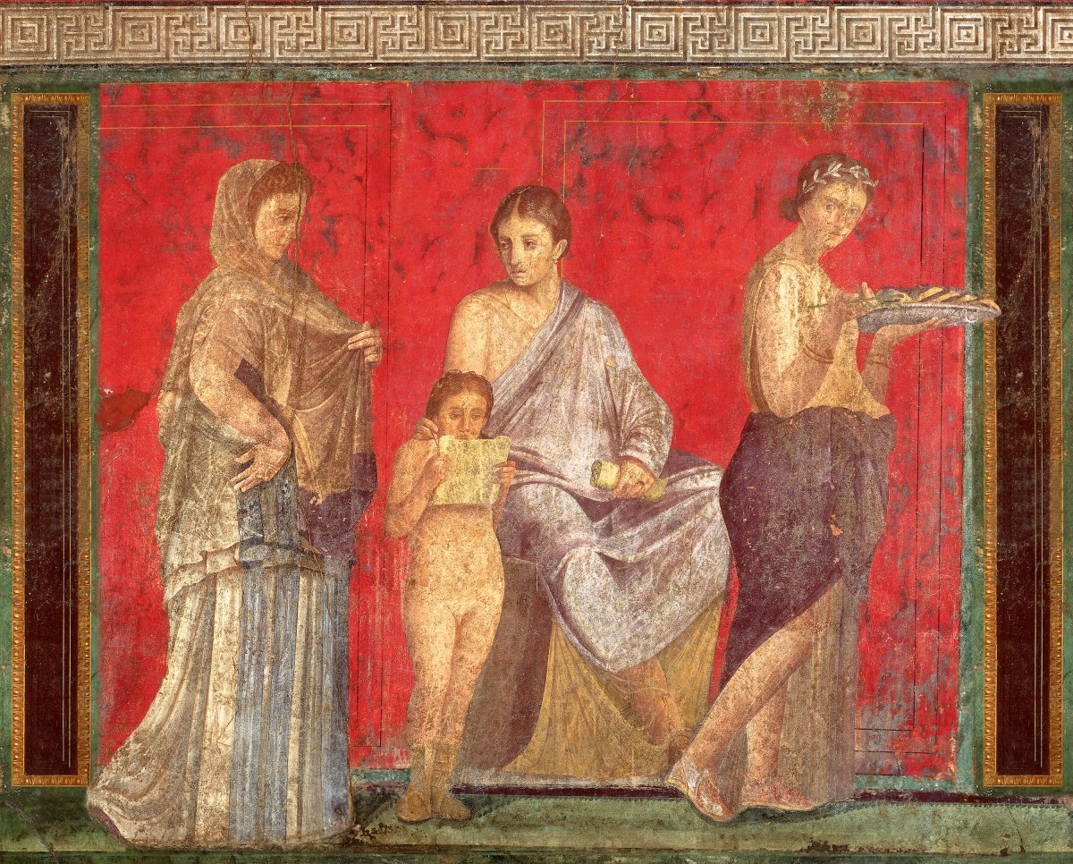 Fresco showing four figures on a vermillion background, from the Villa Mystery, Pompeii
