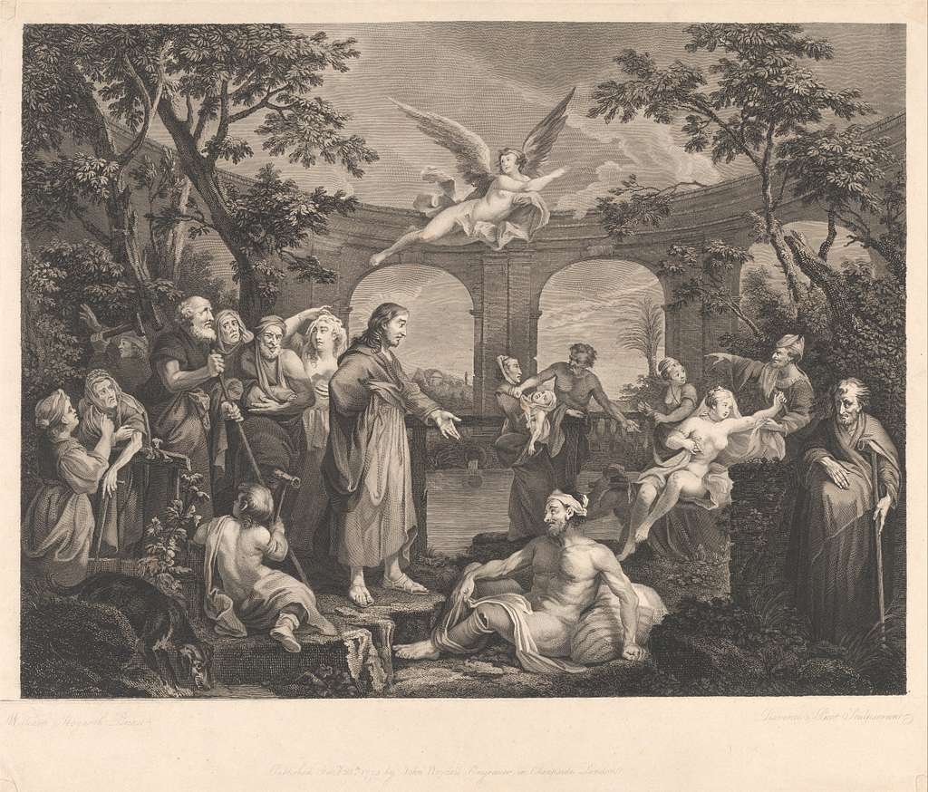 Black and white illustration showing many people gathered around a central pool, framed by trees, and with an angel flying overhead.