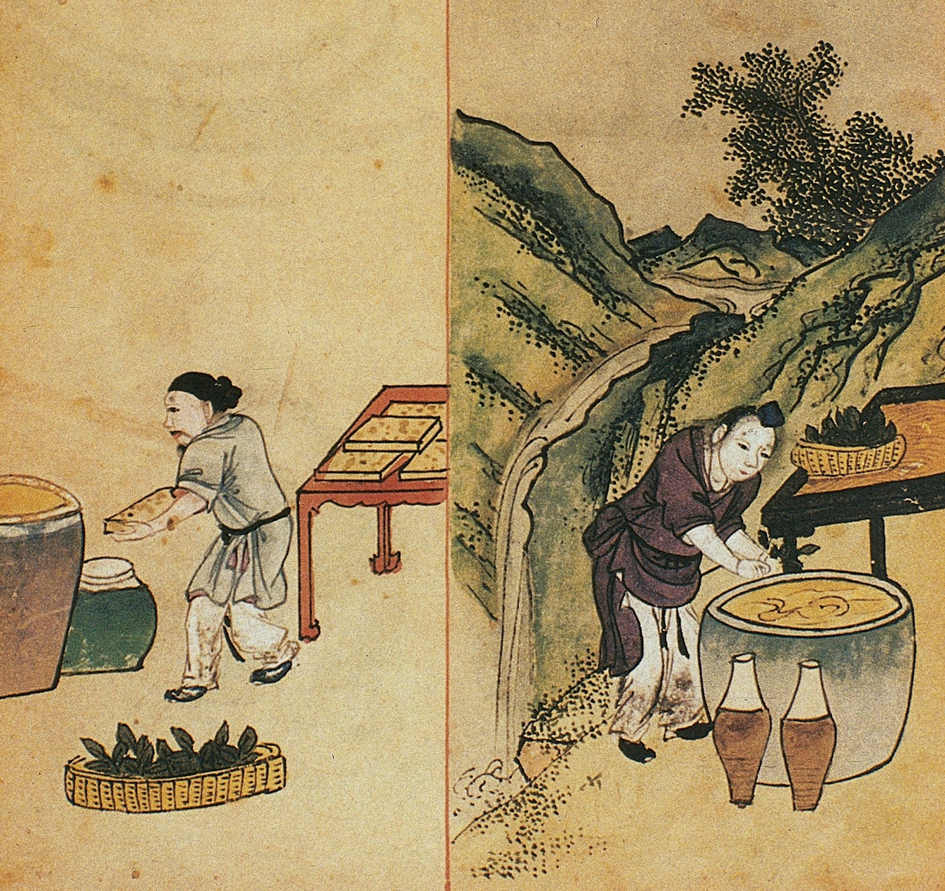 Chinese manuscript depicting images of two people preparing mung bean liquor.