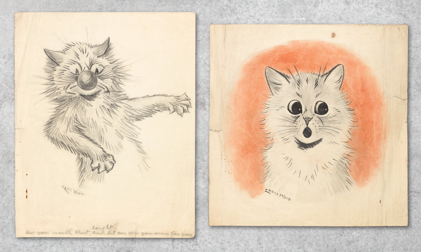 Photograph showing two works of art, side by side against a grey concrete textured background. Both artworks are pencil sketches of cats by Louis Wain. The words under the sketch on the right says, 'Caught! Keep your mouth shut, and let me open your mind for you.'