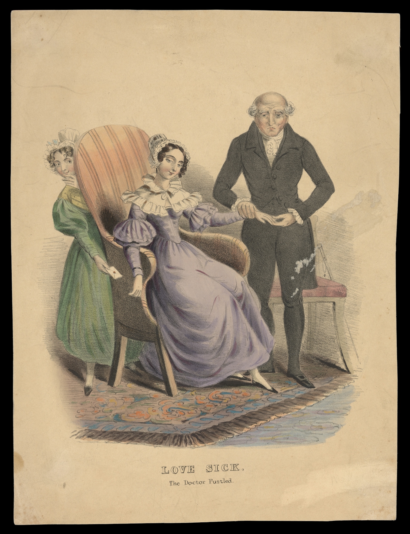 Coloured lithograph showing a baffled doctor taking the pulse of a love-sick young woman as her maid slips a love letter secretly into her hand from behind her chair. 