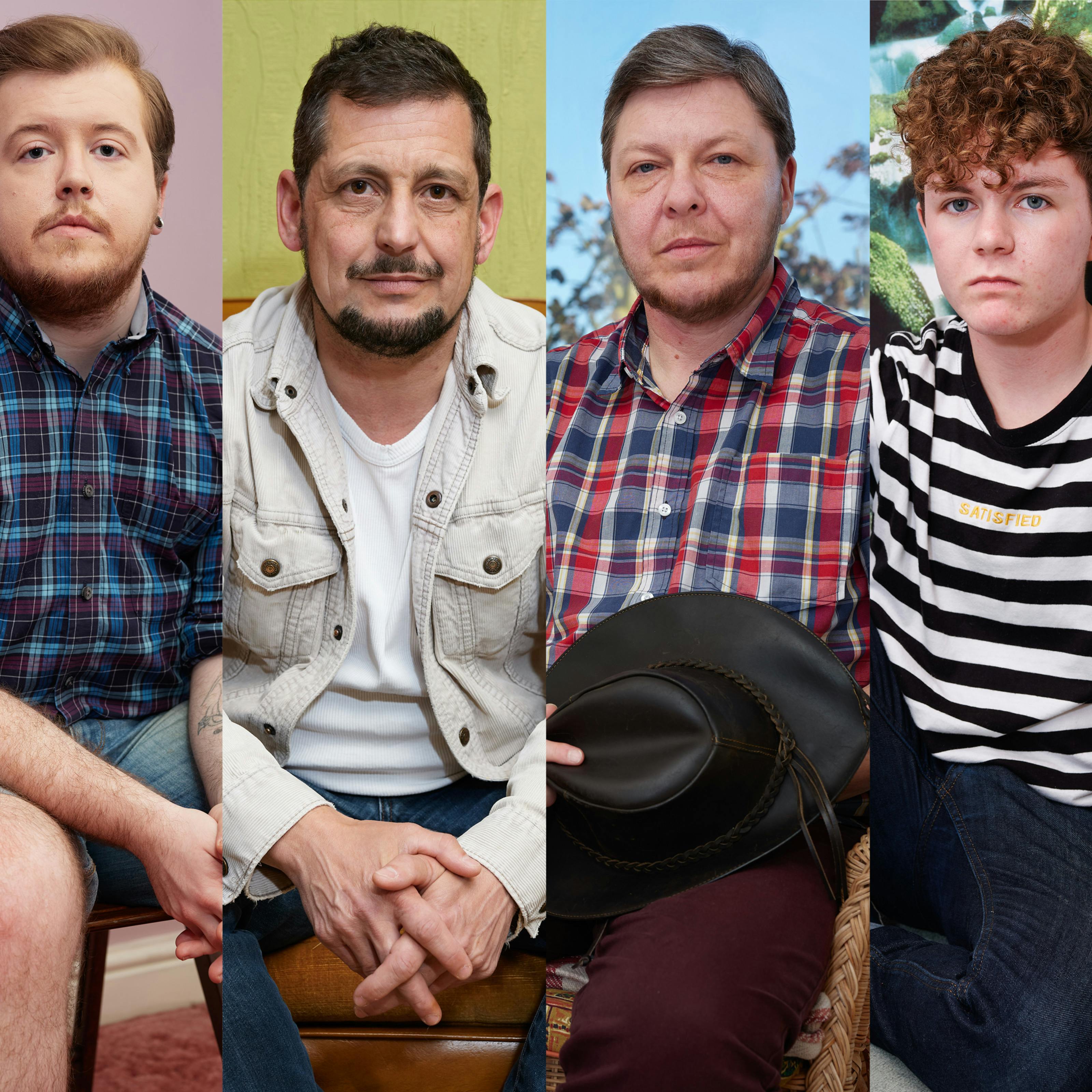 Photograph divided into six vertical strips. Each strip shows and head and upper body of a different individual.