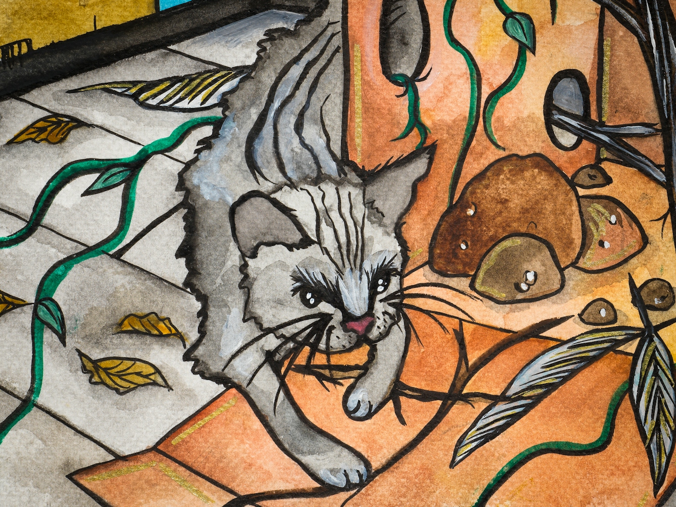 Detail from a larger colourful artwork. The artwork shows a flatpack box which is open on the front facing side, with several holes in it, on a tiled foor. There are tree branches and vines growing up through the box and leaves covering the floor. A grey cat is curled around the box.