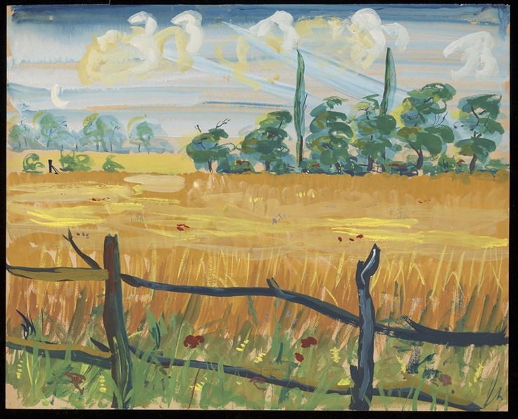 Cornfields with a wooden rail fence in the foreground. Painting by Ron Hampshire