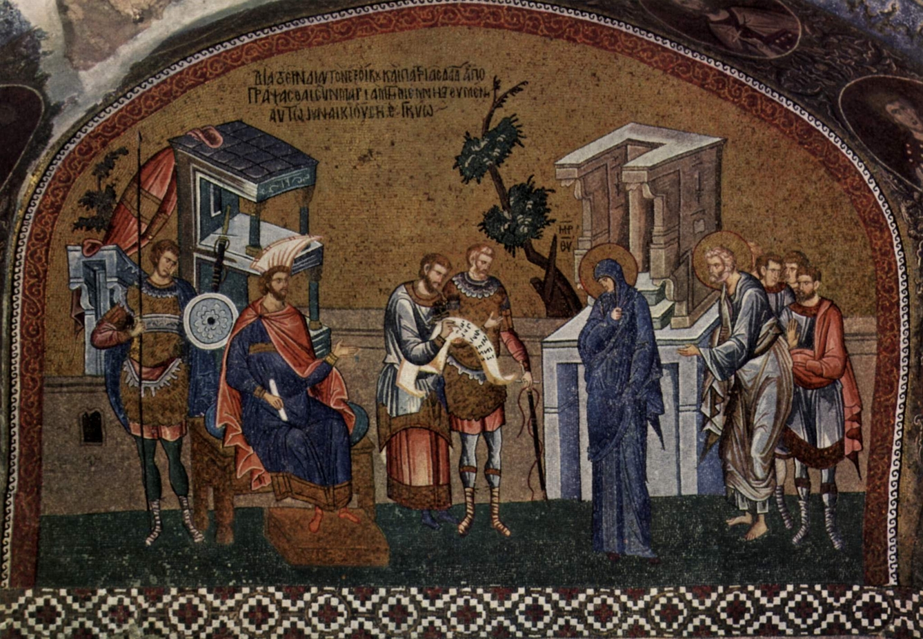 14th-century painting showing Mary and Joseph registering as part of the Census of Quirinius. They have halos around their heads and Mary is dressed in blue. Various officials stand in the background with documents. 