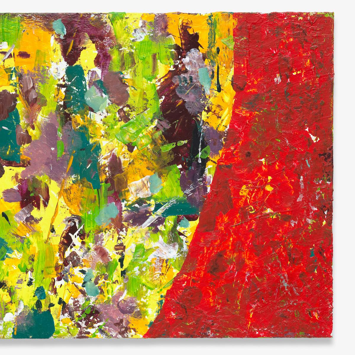 Photograph of an abstract expressionist painting utilising acrylic paint on a rectangular canvas in landscape orientation, titled 'Boundaries'. The artwork explores themes of setting clear boundaries, giving consideration to our privacy, and potential oversharing.
A vast majority of the canvas surface contains harmonious marks and gestures of earthy tones - including yellow, green, teal, burgundy, brown, orange and white. It's akin to a dense, blooming meadow of various plants and flowers. To the right-side, an overlapping band of red sweeps across the focal layer and creates a very distinct barrier and contrast, in both colour and textural quality.