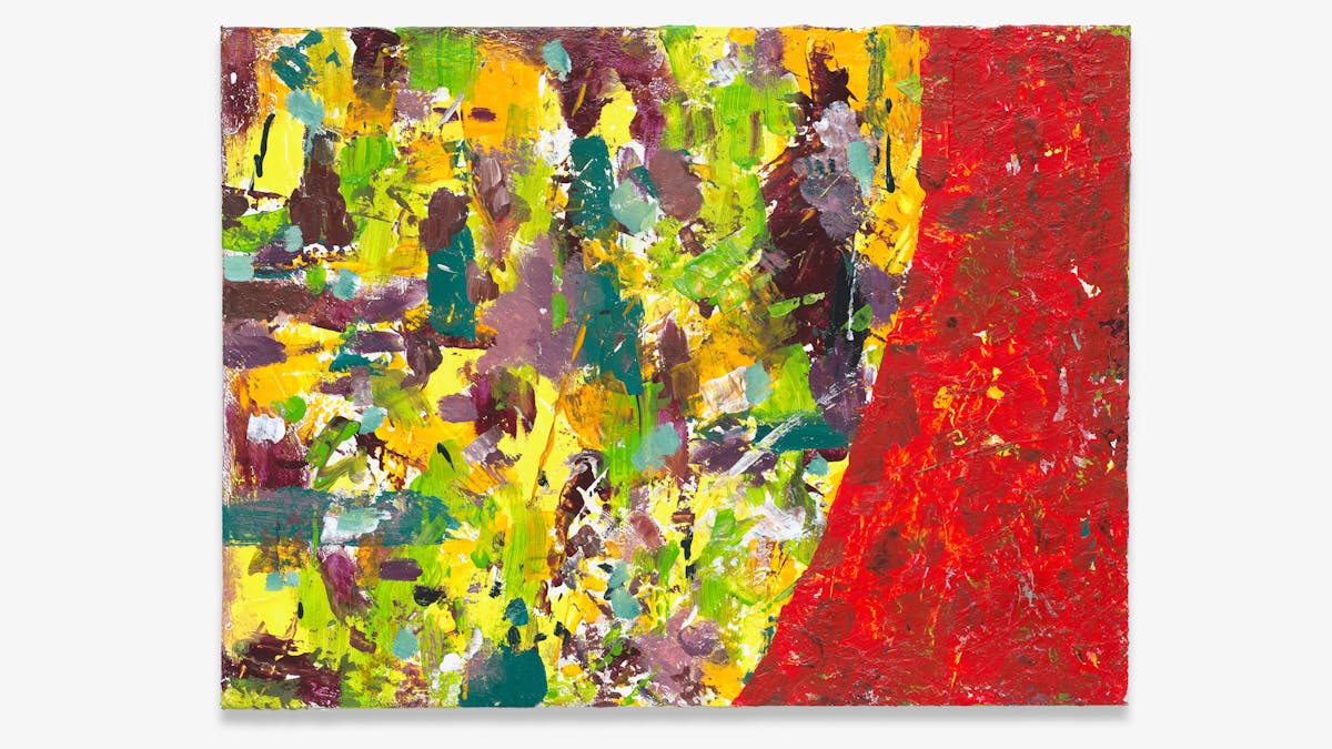 Photograph of an abstract expressionist painting  utilising acrylic paint on a rectangular canvas in landscape orientation, titled 'Boundaries'. The artwork explores themes of setting clear boundaries, giving consideration to our privacy, and potential oversharing.

A vast majority of the canvas surface contains harmonious marks and gestures of earthy tones - including yellow, green, teal, burgundy, brown, orange and white. It's akin to a dense, blooming meadow of various plants and flowers. To the right-side, an overlapping band of red sweeps across the focal layer and creates a very distinct barrier and contrast, in both colour and textural quality.