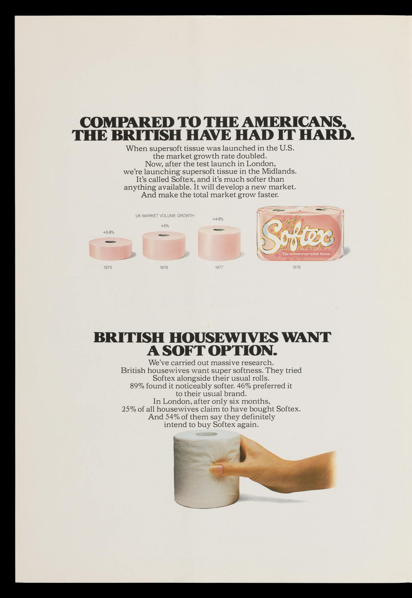 Photograph of the inside page of a promotional leaflet for Andrex toilet tissue pushing the virtues of soft toilet tissue, with the title, "Compared to the Americans the British have had it hard".