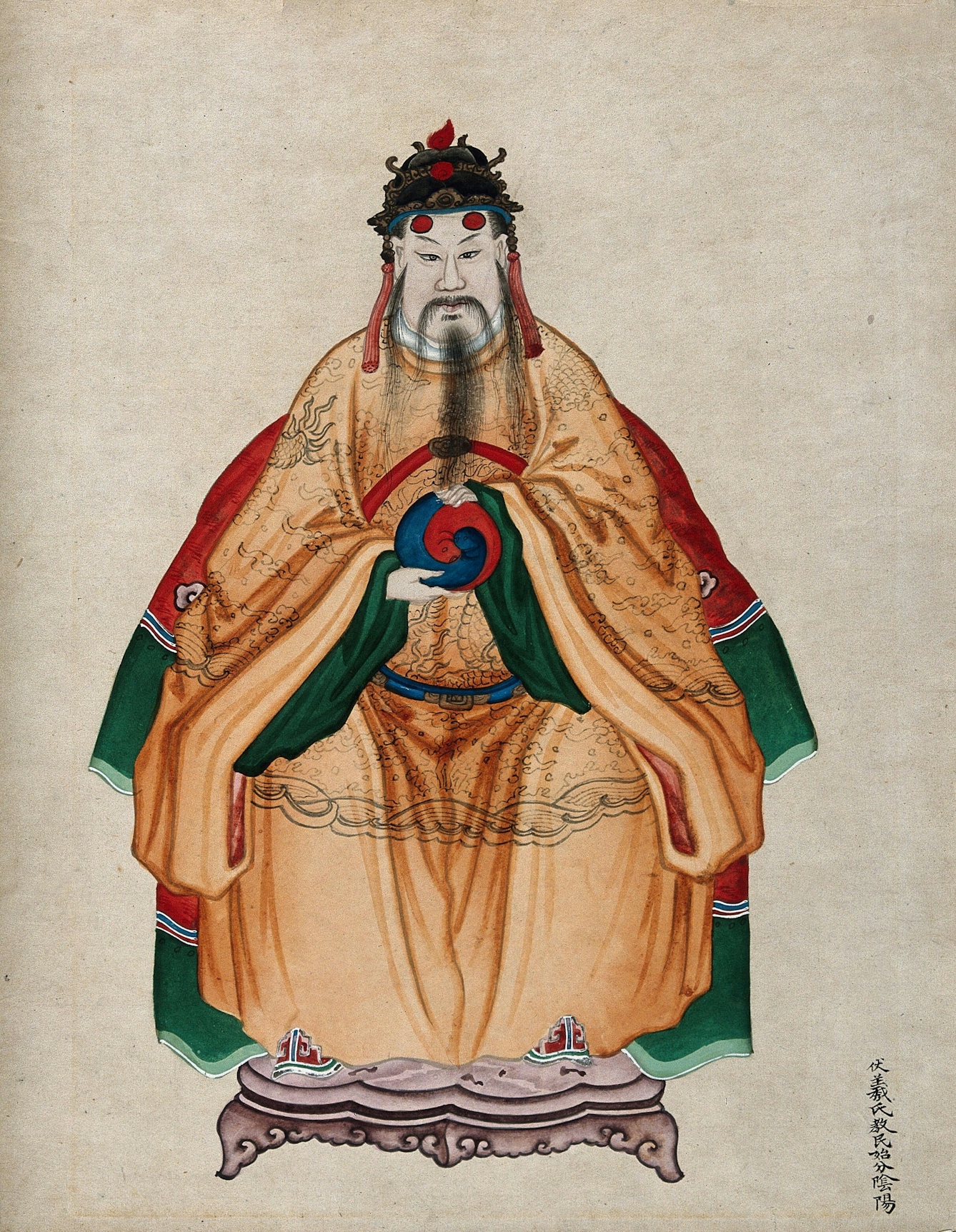 A 19th century watercolour painting of Chinese Emperor Fu Hsi, wearing traditional costume, holding the 'Yin-yang' symbol. On the bottom right side of the painting there is an inscription in Chinese script. 