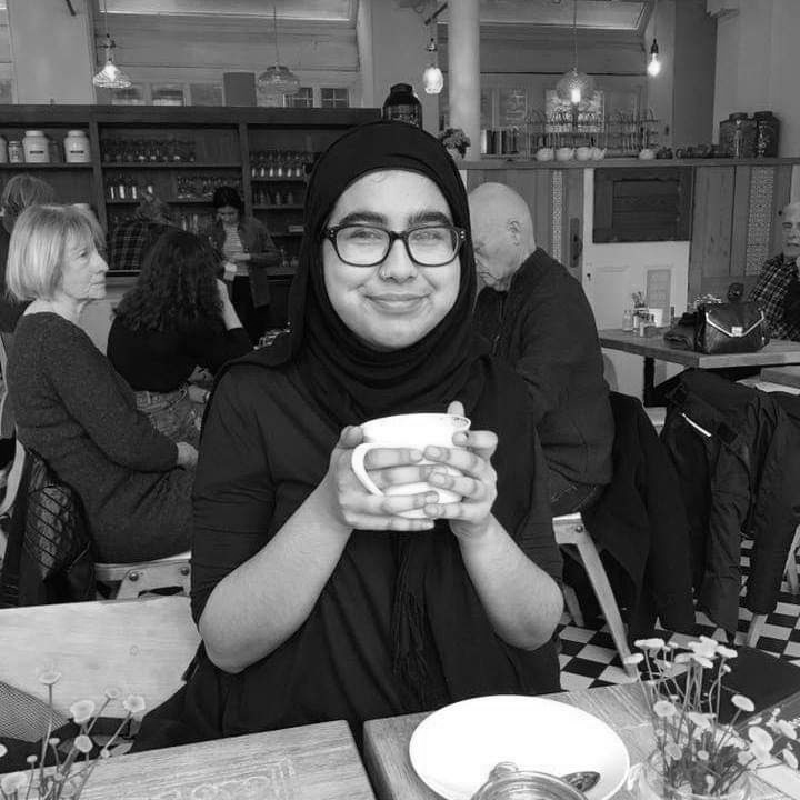 Black and white photograph of Iqra Choudhry