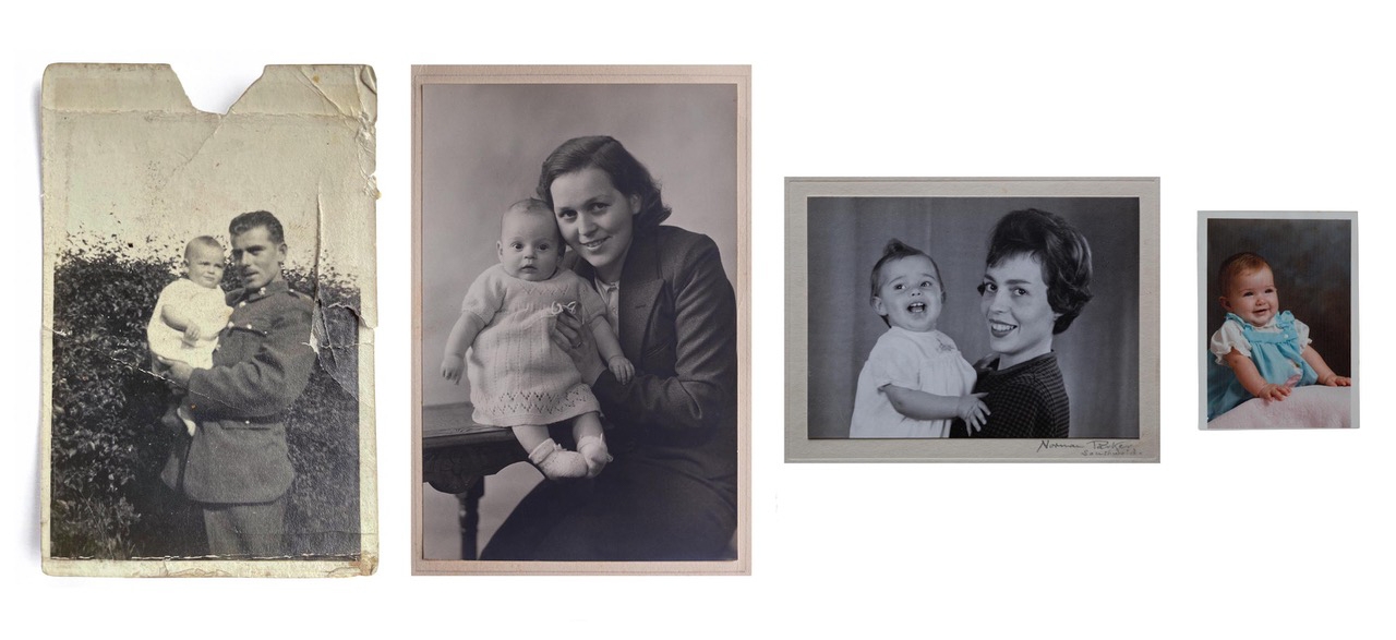 A group of 4 family archive photos ranging in date from 1941 to 1990. The photos show young babies in the arms of their parents, all different generations but very similar poses and expressions.