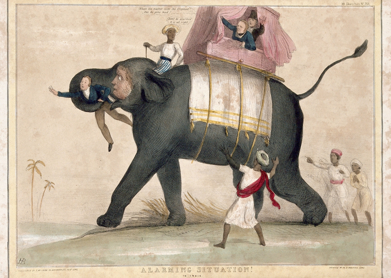 Coloured lithograph print (1843) of an elephant holding aloft a white, British man in this trunk. The face of the elephant has been replaced by that of a white man. An Indian mahoot sits on top of the elephant and two more white men peer out of a howdah on the elephant's back. One of the white men says "What's the matter with the elephant? Has he gone mad?" The mahoot responds "Don't be alarmed he is alright." Another three native Indians around the elephant point and raise their arms in alarm. The print is titled 'Alarming situation'.