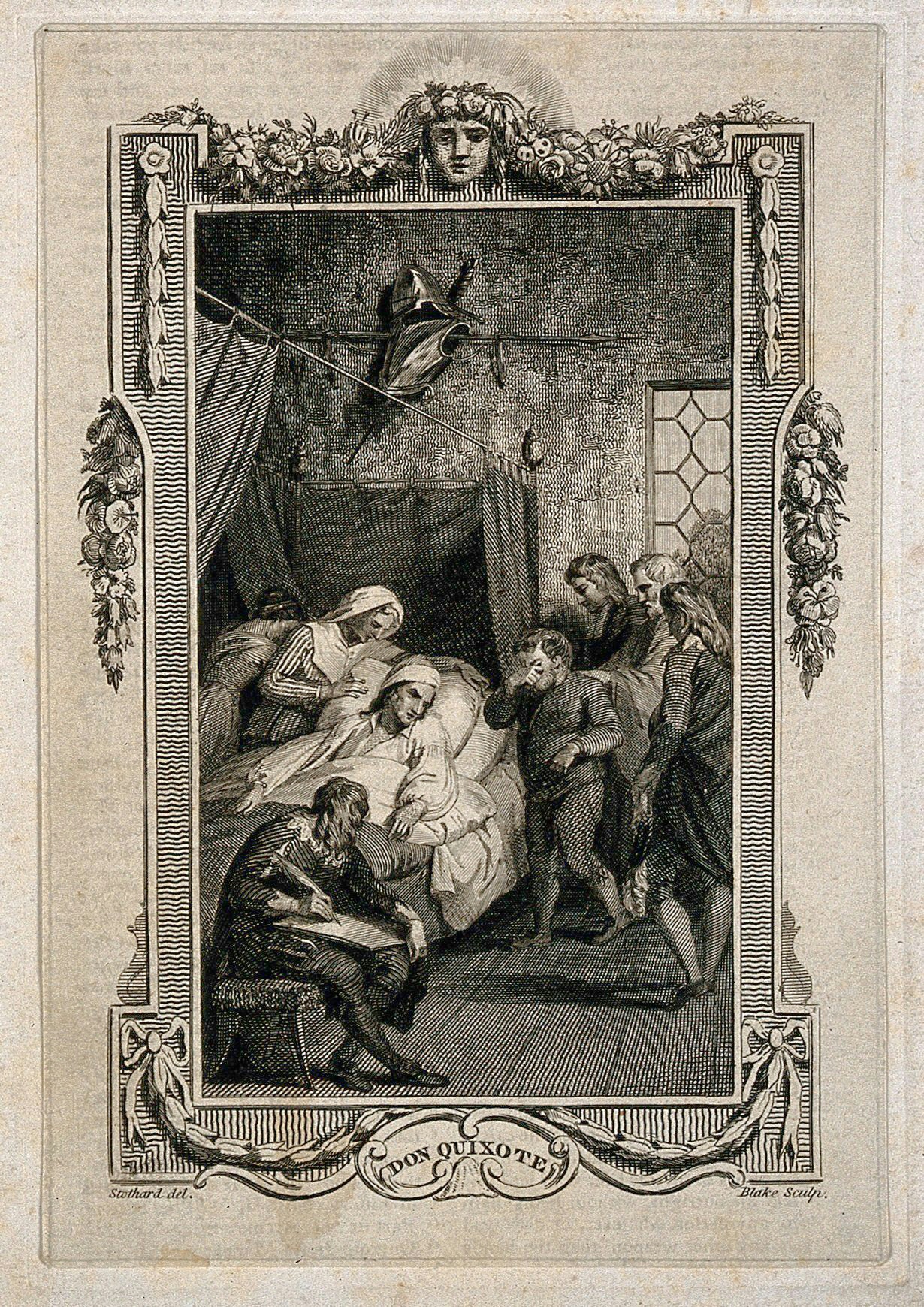 A line engraving of a scene in a bedroom, where a dead man wearing a long white shirt is in the bed surrounded by a mourning crowd, one of whom is shown to be weeping.