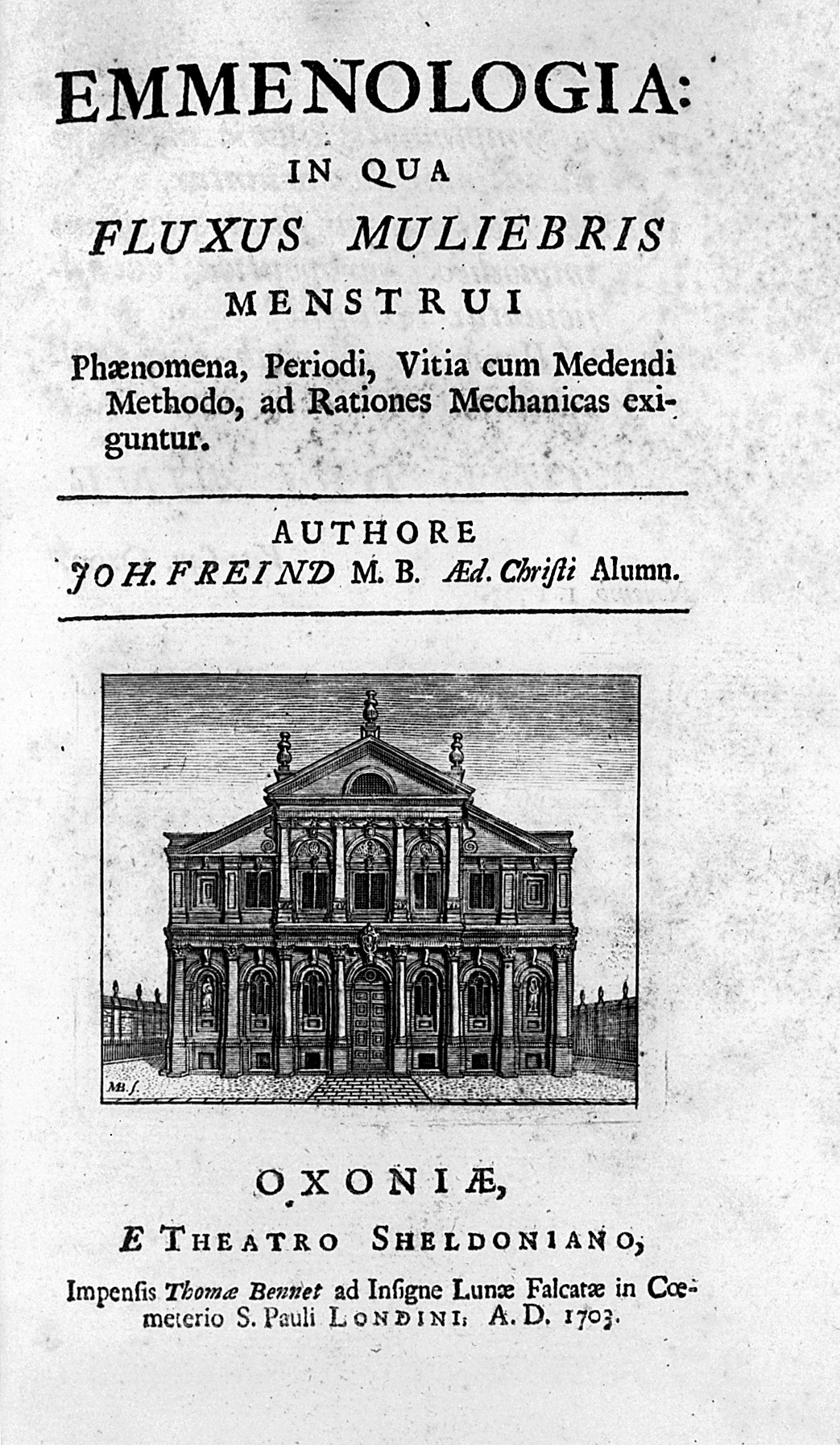 The title page of an early 18th century book written in latin, with an illustration of an Oxford college building.