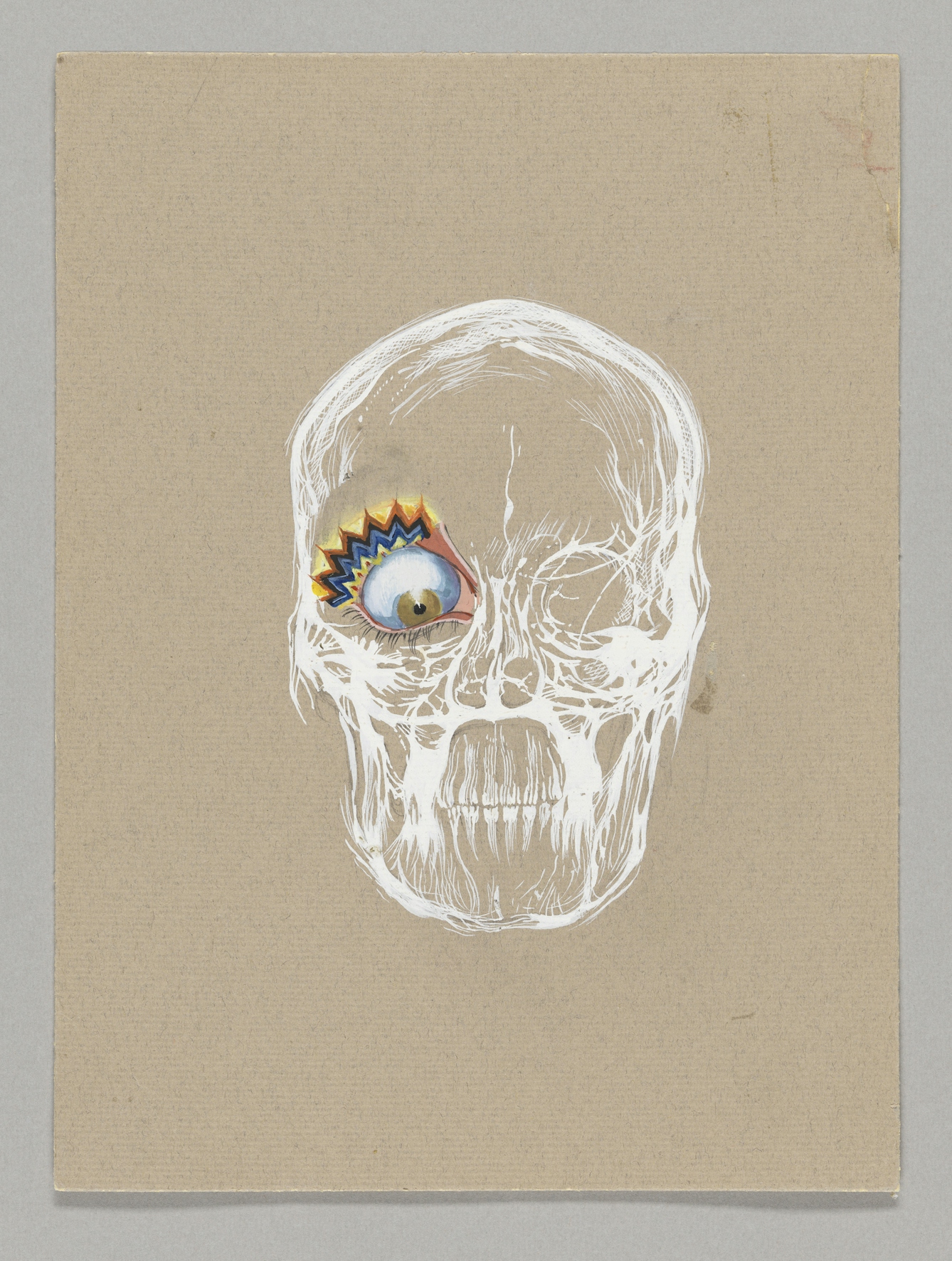 A detailed line drawing or human skull in white on a beige background. The skull's right socket is filled with an eyeball, painted in colour, and looking downwards. There are jagged multi-coloured zig-zag graphics in place of an eyebrow