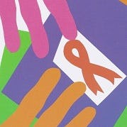 Crop of image of hands reaching for red AIDS ribbon on a colourful cut-out-style background.