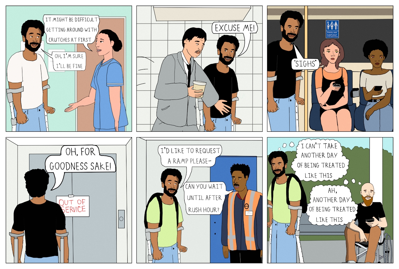 Six panel colour comic strip in a grid of 3 panels wide by 2 panels high.

The first panel shows a man on crutches talking to a female doctor in a doctor’s office. He is wearing a white t-shirt and blue jeans, and the doctor is wearing blue scrubs. Her hand is slightly outstretched towards the man. A speech bubble from her reads ‘It might be difficult getting around with crutches at first’. The man has a calm expression on his face, and a speech bubble comes from him and reads ‘Oh, I’m sure I’ll be fine’.

The second panel shows the same man and another man who is wearing a suit and tie and holding a hot drink. The second man is pushing past the man on crutches, with his left arm outstretched in front of him. The man on crutches is looking at the man in the suit. A speech bubble from him reads ‘Excuse me!’.

The third panel shows the same man on crutches and two women on the London underground. The two women are both sitting down and looking intently at their phones. There is a priority seat sign behind the woman sitting closest to the man. The man is standing up and looking at the two women. He looks frustrated. A speech bubble from him reads ‘*Sighs*’. 

The fourth panel shows the same man standing outside of a lift. A sign on the lift reads ‘Out of service’. A speech bubble from the man reads ‘Oh, for goodness sake!’ 

The fifth panel shows the same man talking to a male Transport for London employee. The man on crutches is wearing a black rucksack, and the Transport for London employee is wearing a high-vis vest and a name badge. They are stood facing each other in front of a blue door. A speech bubble from the man on crutches reads ‘I’d like to request a ramp please-’. A speech bubble from the Transport for London employee reads ‘Can you wait until after rush hour?’ 

The sixth panel shows the same man on crutches and a man in a wheelchair outdoors. The man on crutches has an angry facial expression and is turned away from the man in the wheelchair. A thought bubble from him reads ‘I can’t take another day of being treated like this’. A thought bubble from the man in the wheelchair reads ‘Ah, another day of being treated like this’. 