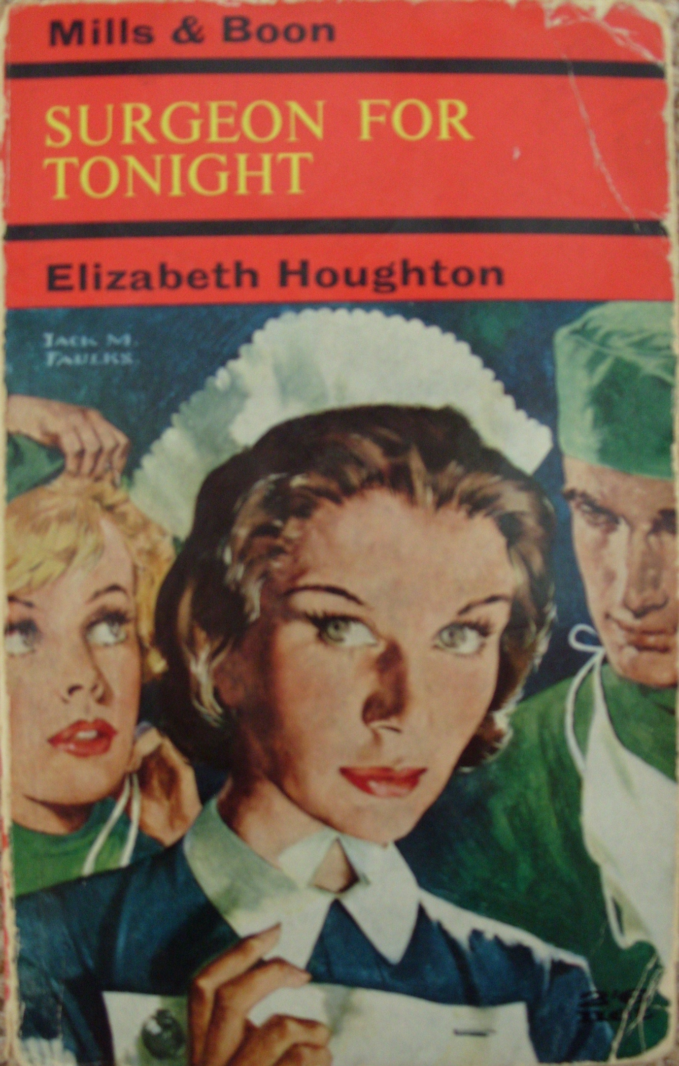 Cover of a Mills & Boon novel: Surgeon for Tonight by Elizabeth Houghton, with a cover illustration of two female nurses and one male doctor