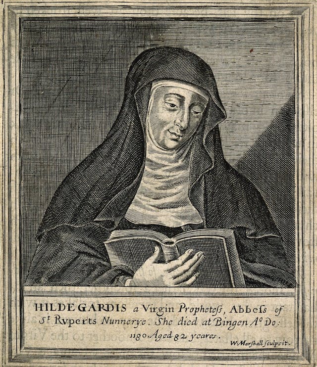 Black and white engraving of Hildegard von Bingen showing a woman wearing nun